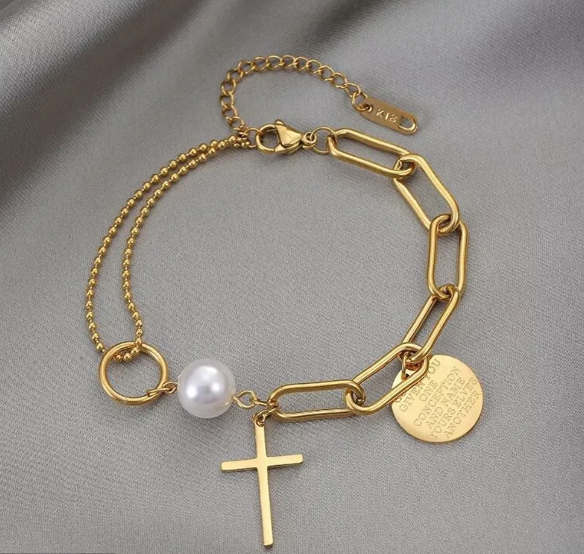 LAYERED GOLDEN COIN-CROSS BRACELET