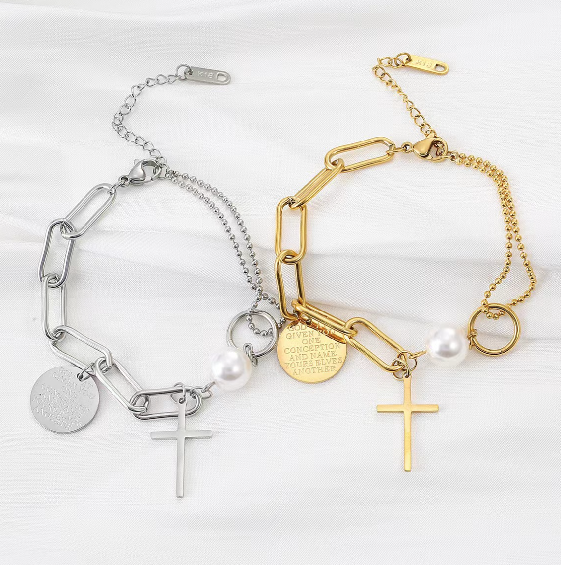 LAYERED GOLDEN COIN-CROSS BRACELET